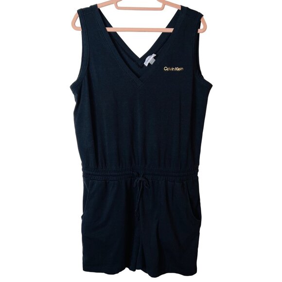 Calvin Klein Womens Black Sleeveless V-Neck Romper Large 60% Polyester 35% Rayon - Picture 1 of 4